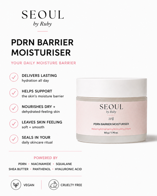 SEOUL by Ruby PDRN Barrier Moisturiser jar on a white background with promotional text and checkmarks. The product is a white jar with a pale pink label.