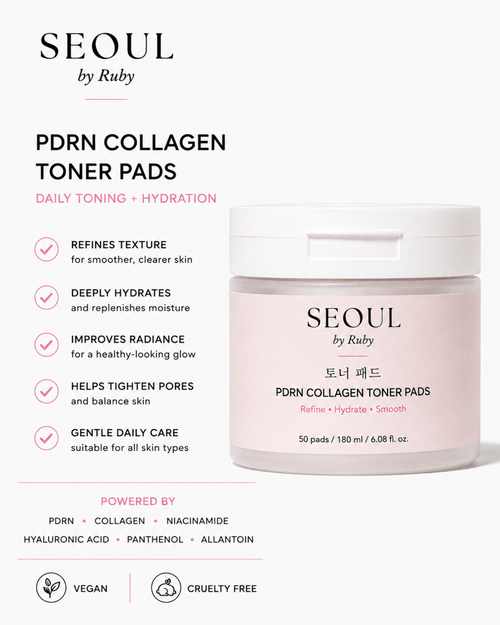 A skincare product listing for Seoul by Ruby PDRN Collagen Toner Pads. The image features a white jar with a light pink label on a clean white background, accompanied by descriptive text highlighting key benefits such as refining texture, deep hydration, and improving radiance.