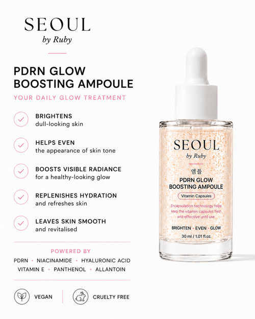 SEOUL by Ruby PDRN Glow Boosting Ampoule bottle on a white background with promotional text highlighting skin benefits and ingredients.