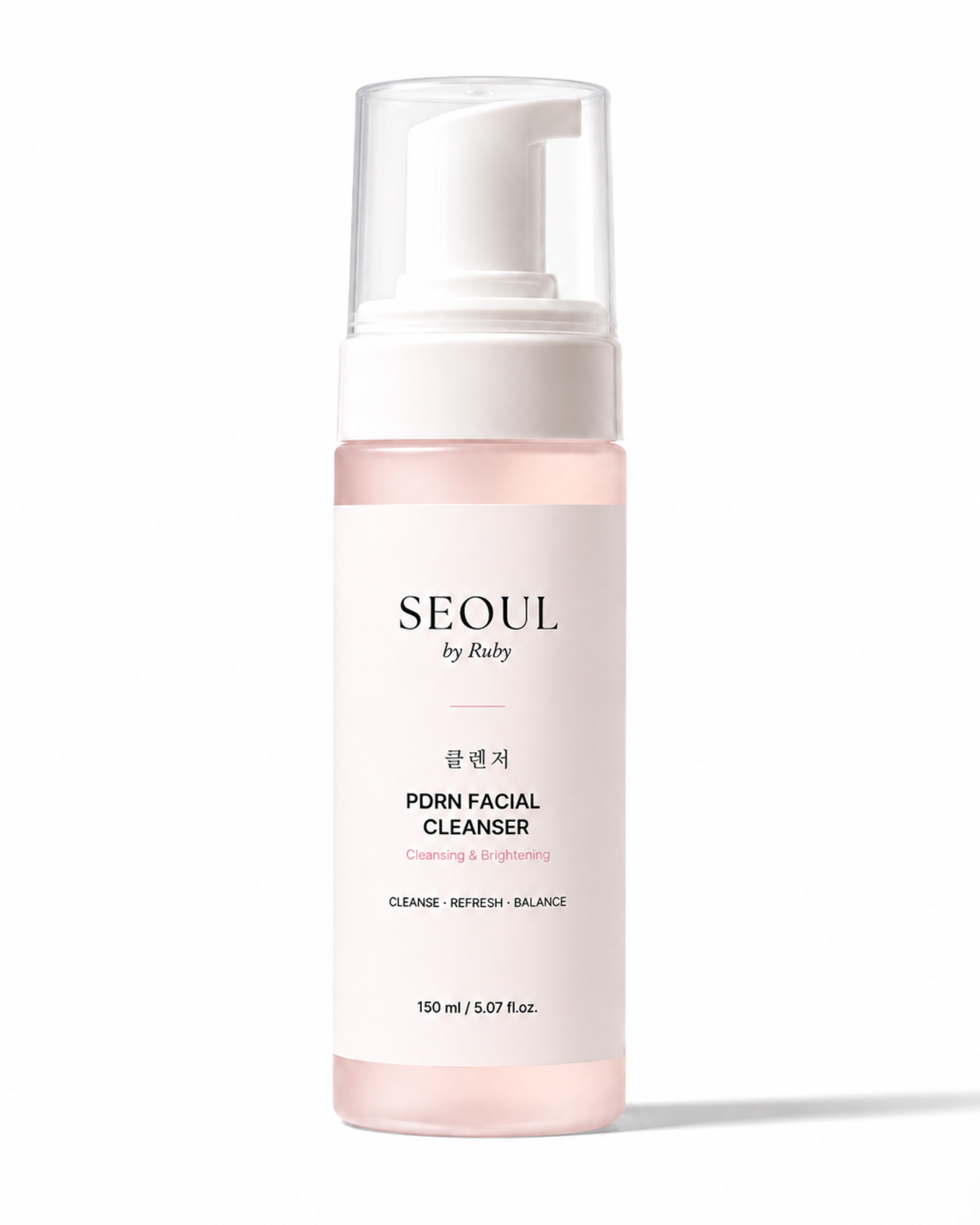 A 150 ml pump bottle of Seoul by Ruby PDRN Niacinamide Cleanser, featuring a white label and pump on a clean white background.