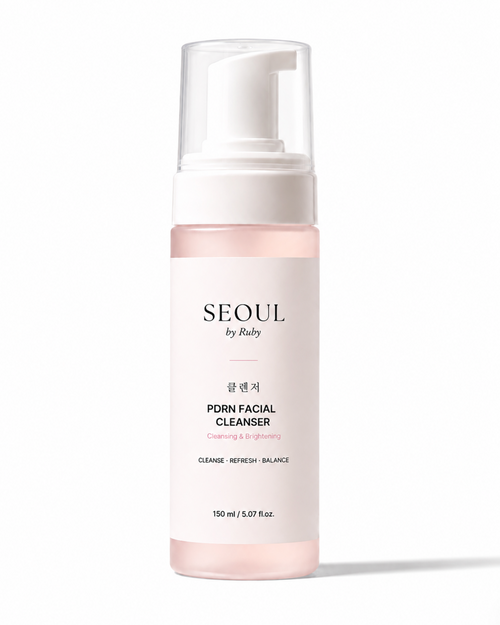 A 150 ml pump bottle of Seoul by Ruby PDRN Niacinamide Cleanser, featuring a white label and pump on a clean white background.