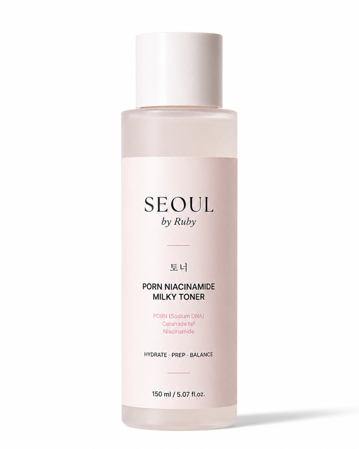 A 150 ml bottle of Seoul by Ruby PDRN Niacinamide Milky Toner, featuring a soft blush pink label and a white cap, set against a clean white background.