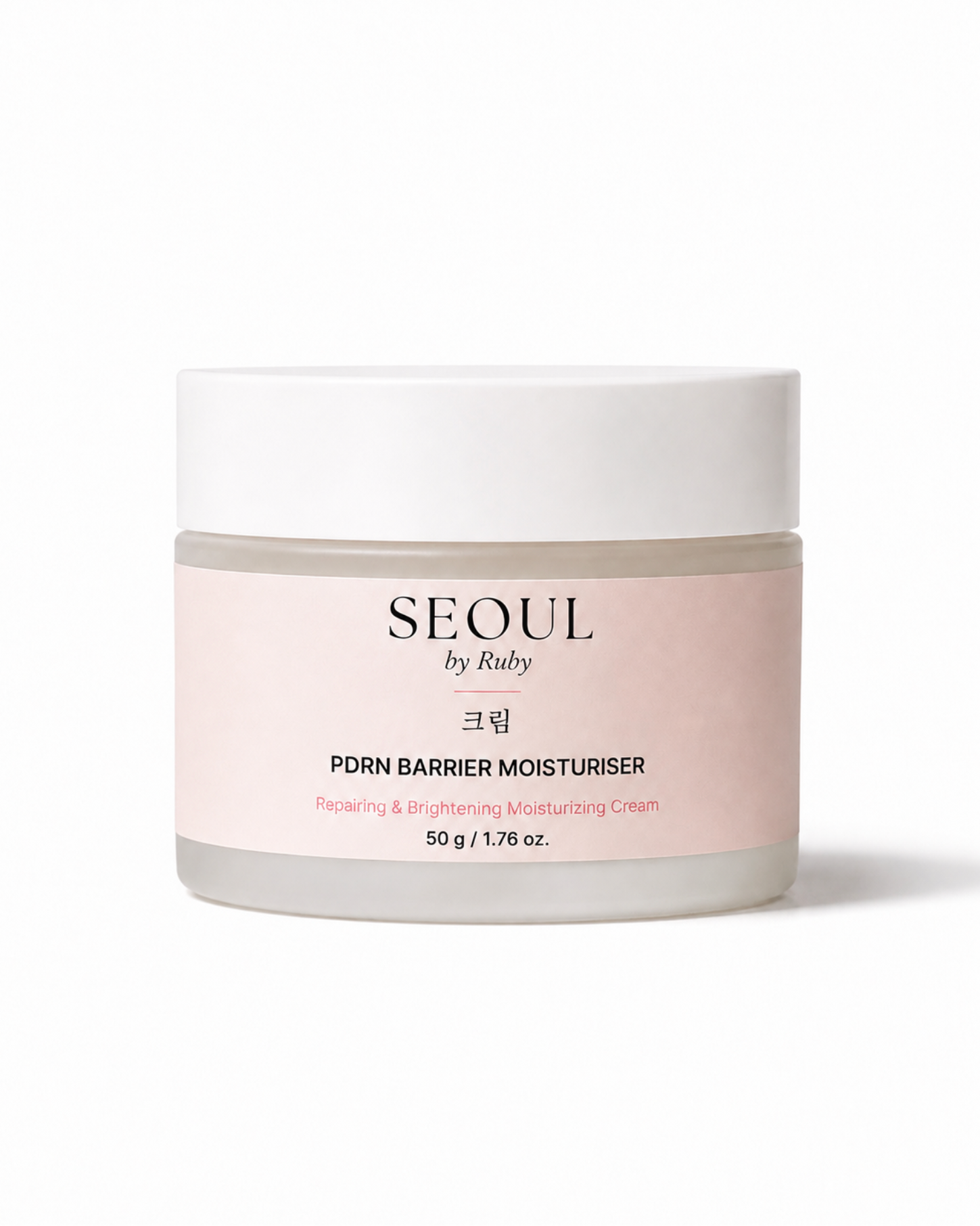A jar of Seoul by Ruby PDRN Niacinamide Repair Cream on a clean white background. The product features a white lid, a frosted glass jar, and a pale pink label with black text.