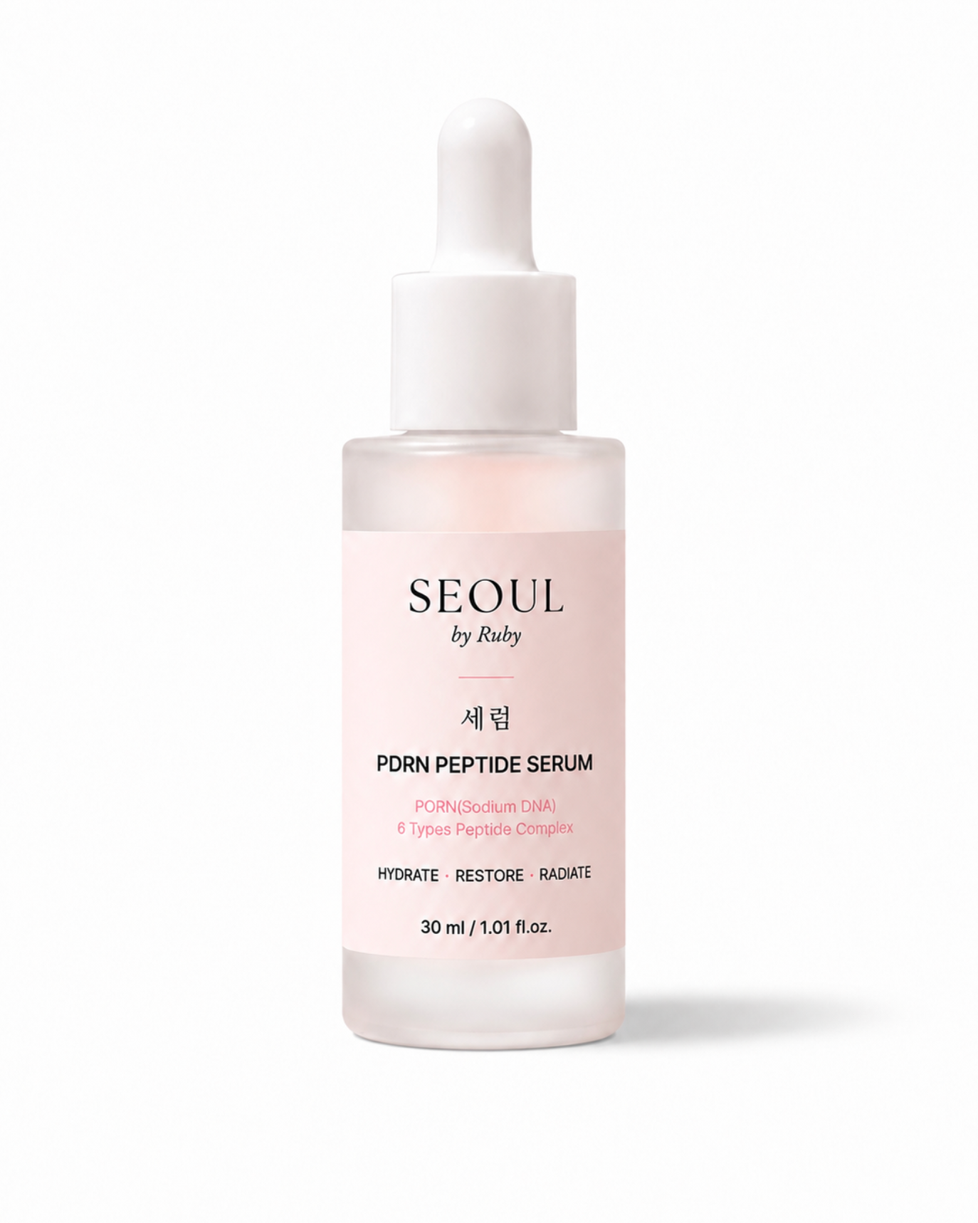 A 30 ml dropper bottle of Seoul by Ruby PDRN Peptide Serum, featuring a frosted glass bottle with a pale pink label and a white dropper cap, set against a clean white background.