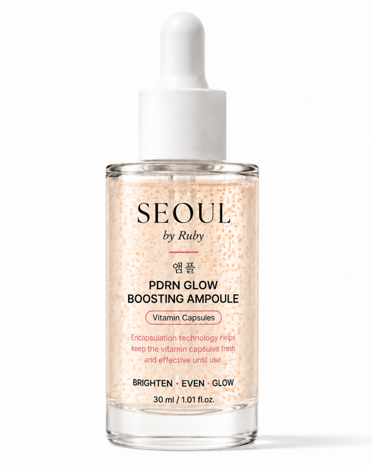 A 30 ml glass dropper bottle of Seoul by Ruby PDRN Vita Toning Ampoule, showing the light peach-colored liquid inside with visible gold-toned capsules, set against a clean white background.
