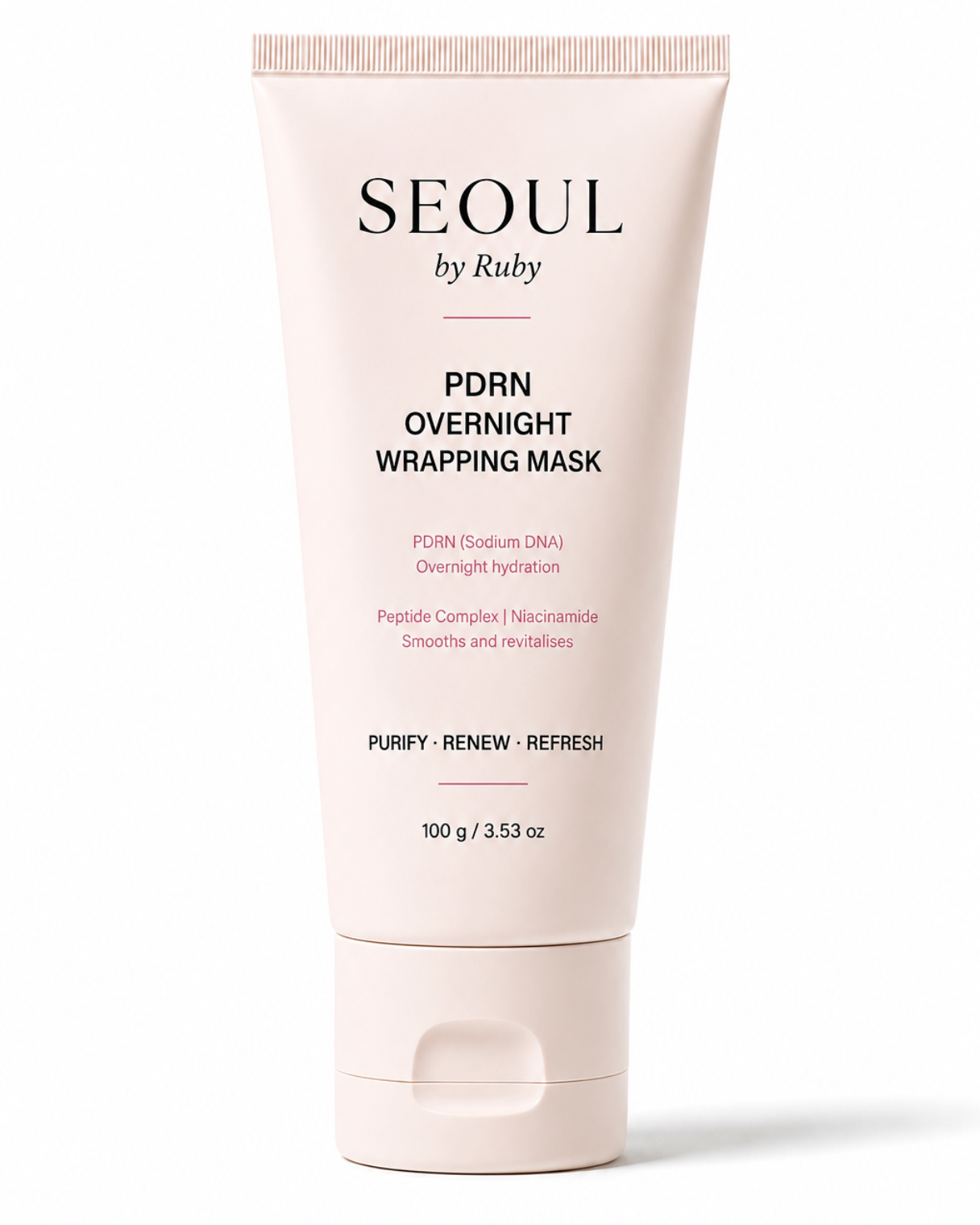 A 100g squeeze tube of Seoul by Ruby PORN NIGHT WRAPPING MASK, in a pale pink color with black and red text, set against a clean white background.