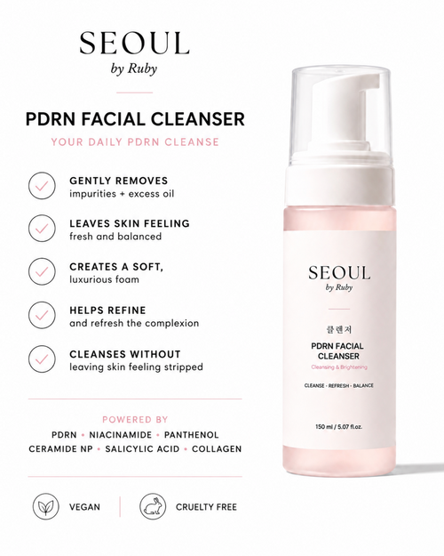 Seoul by Ruby PDRN Facial Cleanser 150 ml bottle on a white background, next to descriptive text highlighting its benefits, ingredients, and certifications.